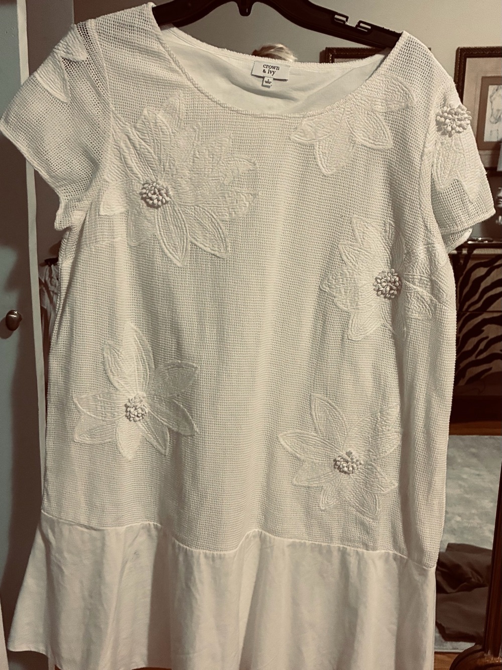 crown & ivy Cream Embroidered Floral Knit Mini Dress